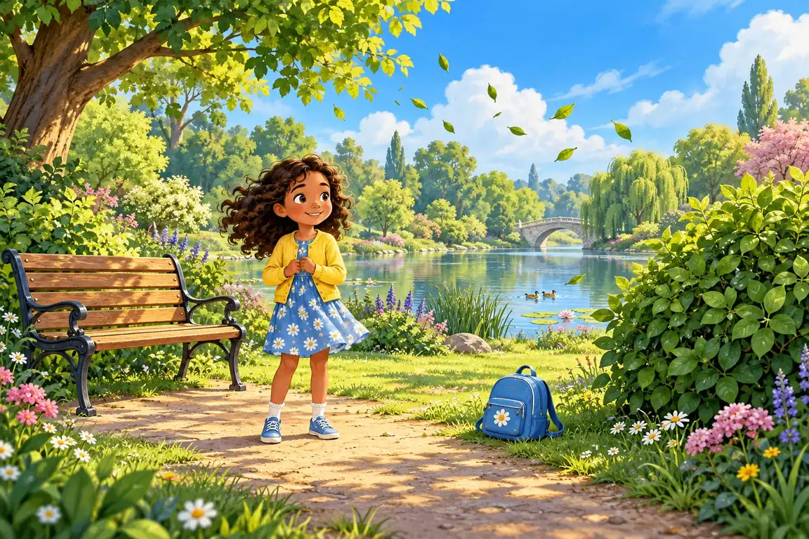 A sunny park. A bench is on the left, Mia stands beside it, a blue bag is on the path and a leafy bush is on the right.