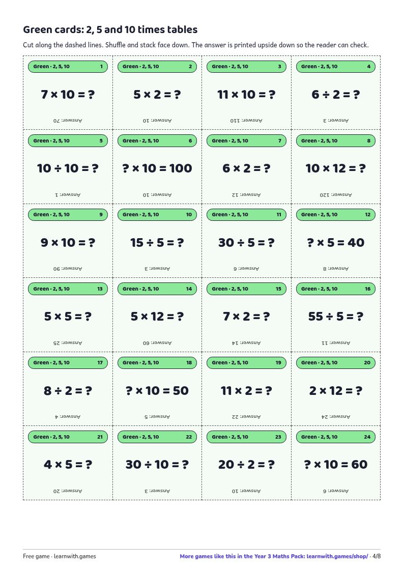 Page preview: Green cards: 2, 5 and 10