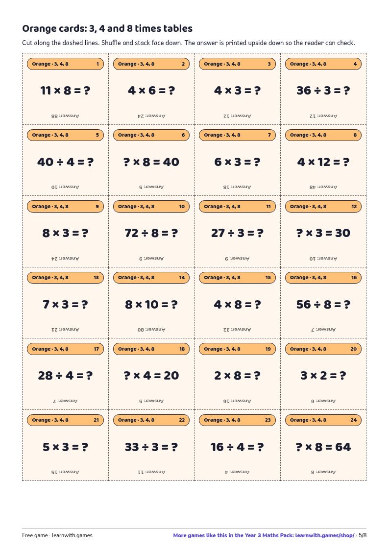 Page preview: Orange cards: 3, 4 and 8