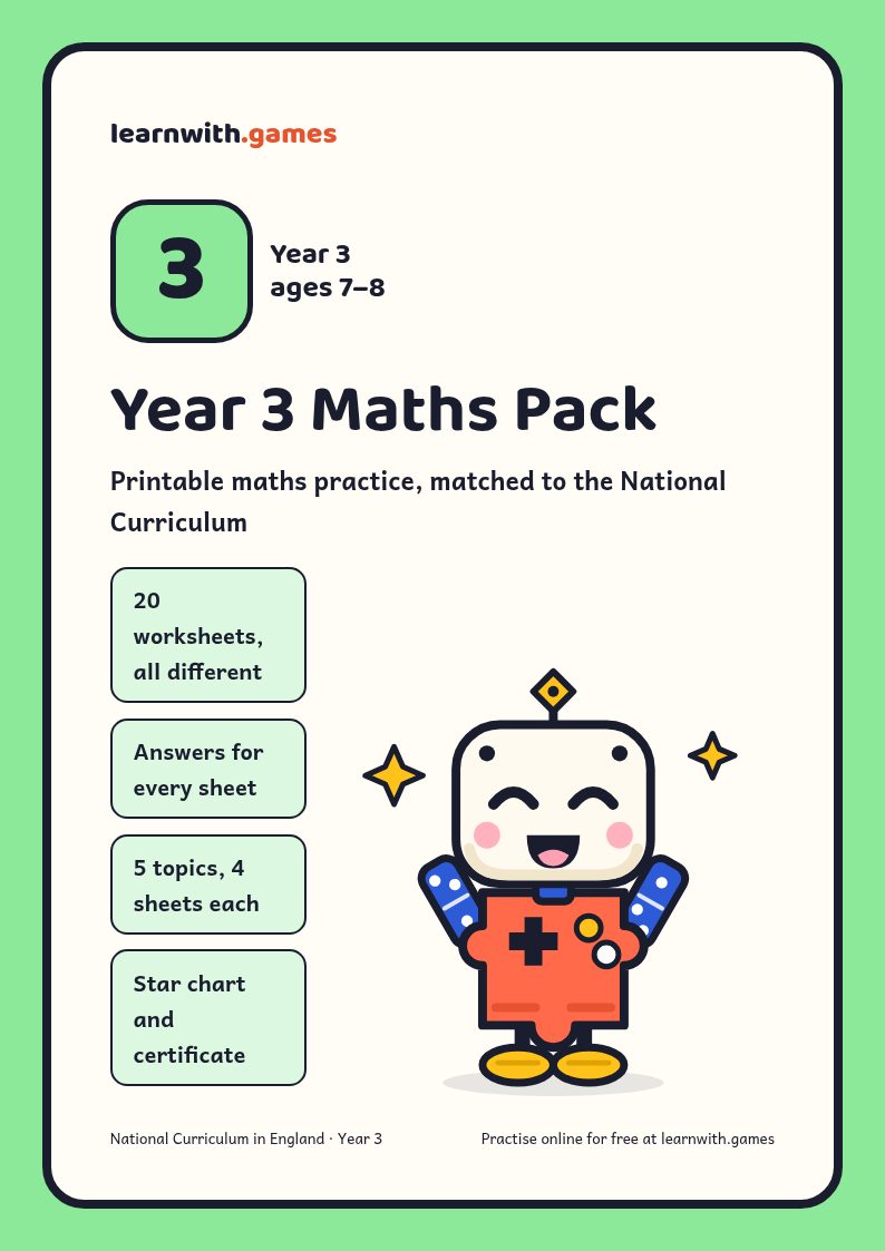 Cover of the Year 3 Maths Pack, with Jigby the robot