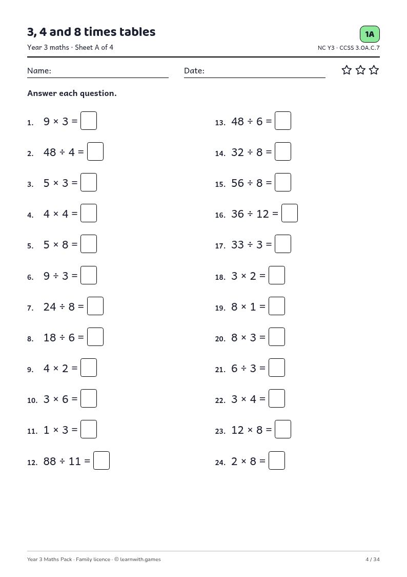 A sample worksheet from the Year 3 Maths Pack