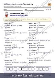 Preview of page 53: Suffixes: –ment, –ness, –ful, –less, –ly: Secret code joke