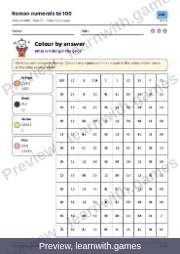 Preview of page 27: Roman numerals to 100: Colour by answer