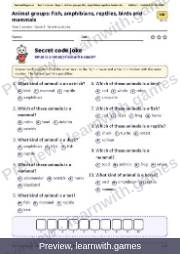 Preview: Animal groups: fish, amphibians, reptiles, birds and mammals file, page 1: secret code joke